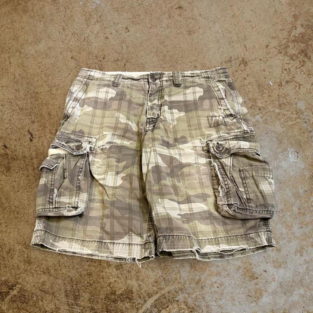 Fossil Mens Camo Plaid Cargo Shorts Green Khaki Y2K Utility Paratrooper Size 33